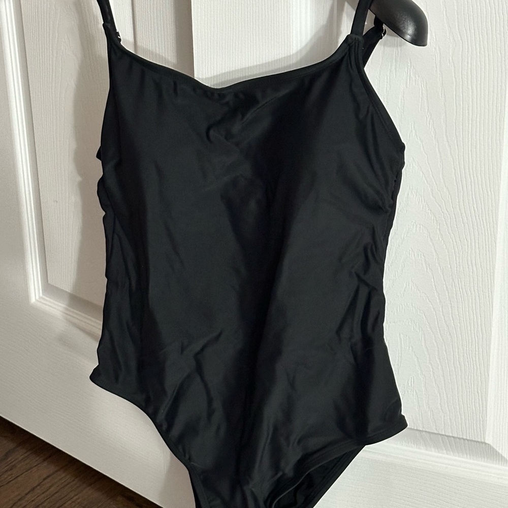 Womens black one piece bathing suit swimsuit SZ L adjustable straps,ladder back.